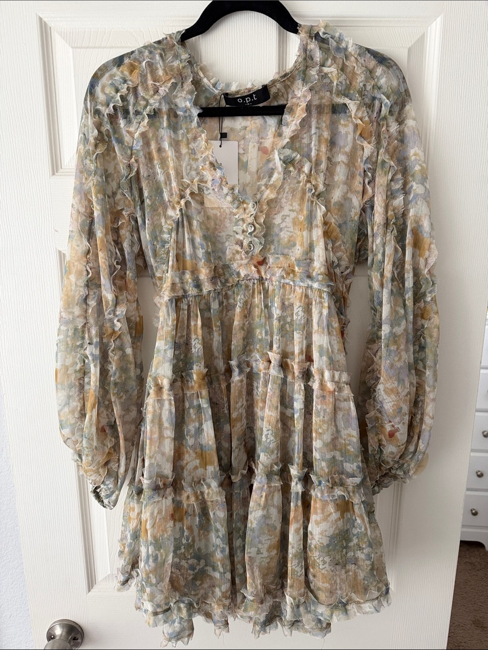 o.p.t. Pastel Multi Floral Ruffle Tiered Long Sleeve Sheer Dress (no slip)